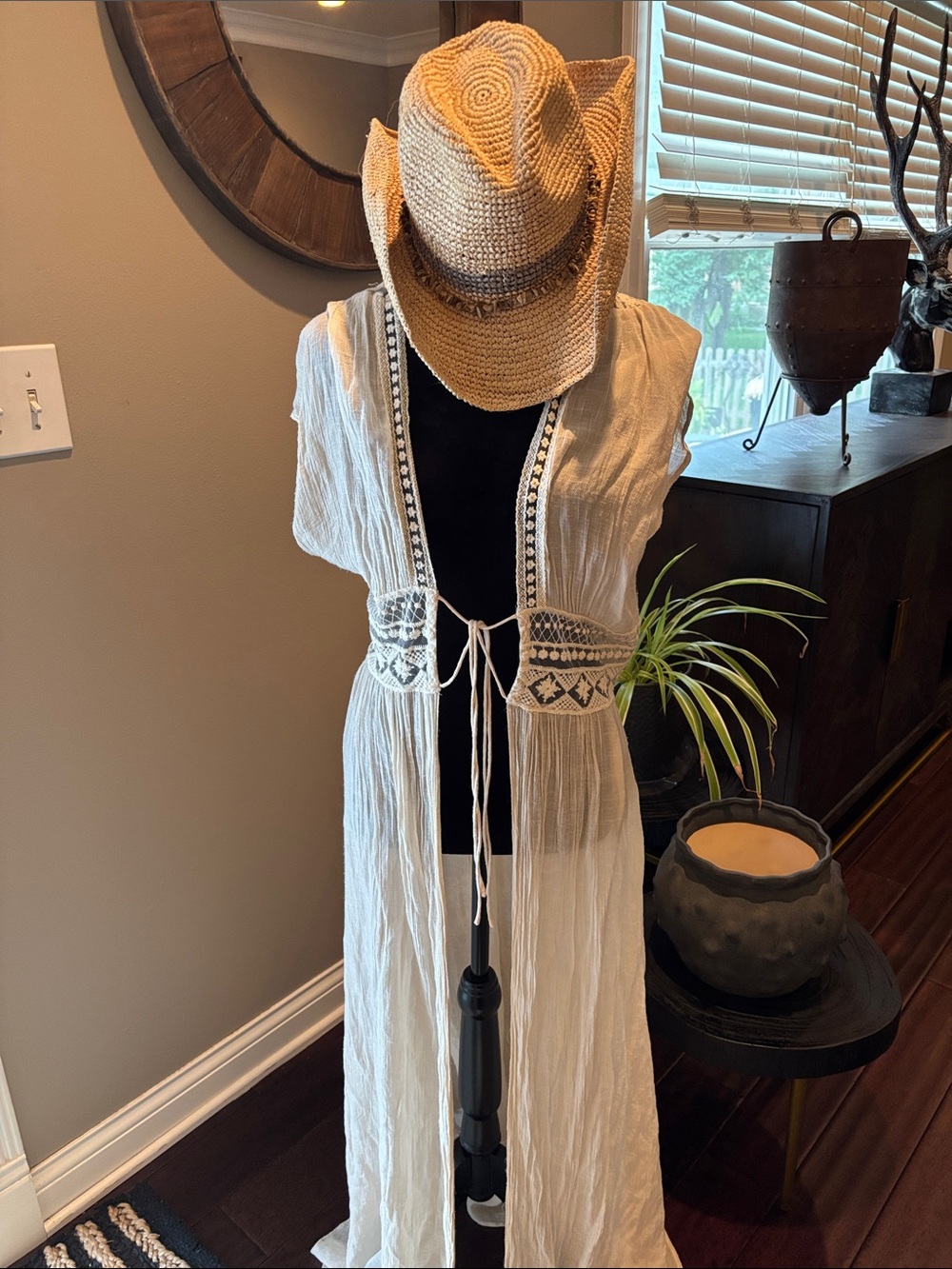 By Together Cream Crochet-Trim Long Open Kimono